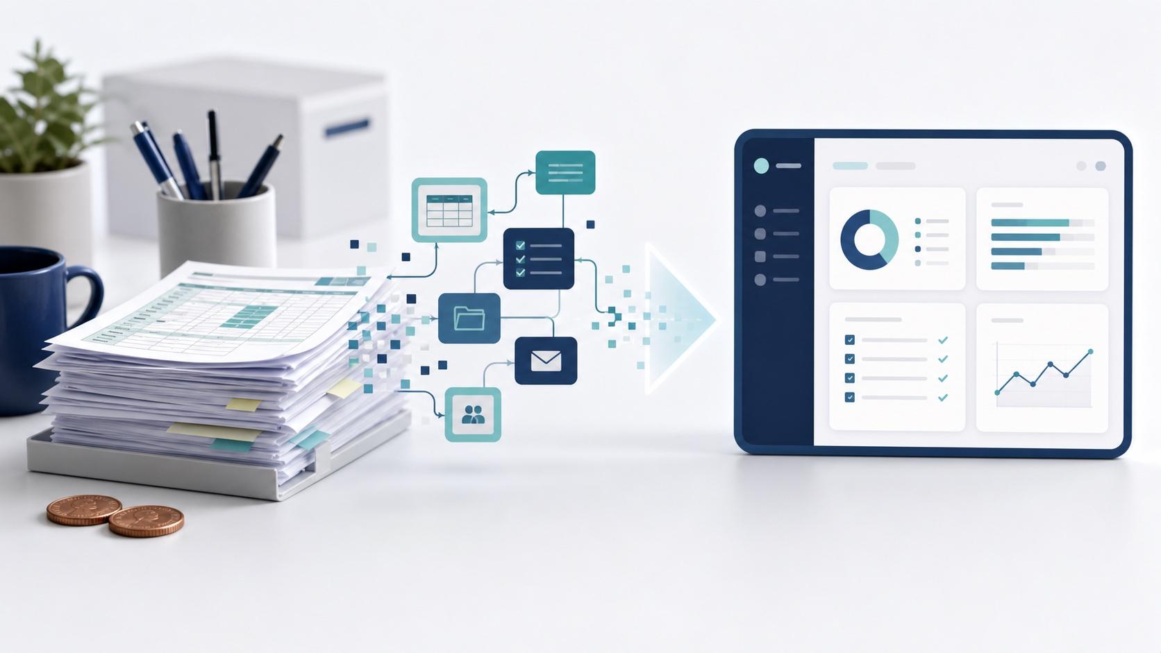 Paper workflows and coins transforming into an organized operations dashboard.