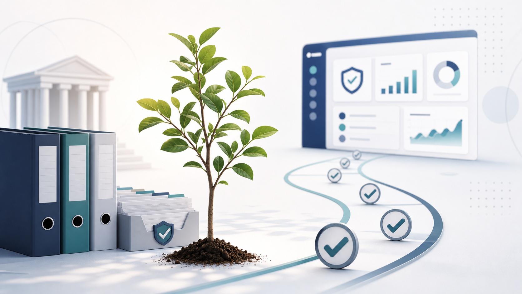 A young tree growing beside audit folders and checkmarks leading to a dashboard.