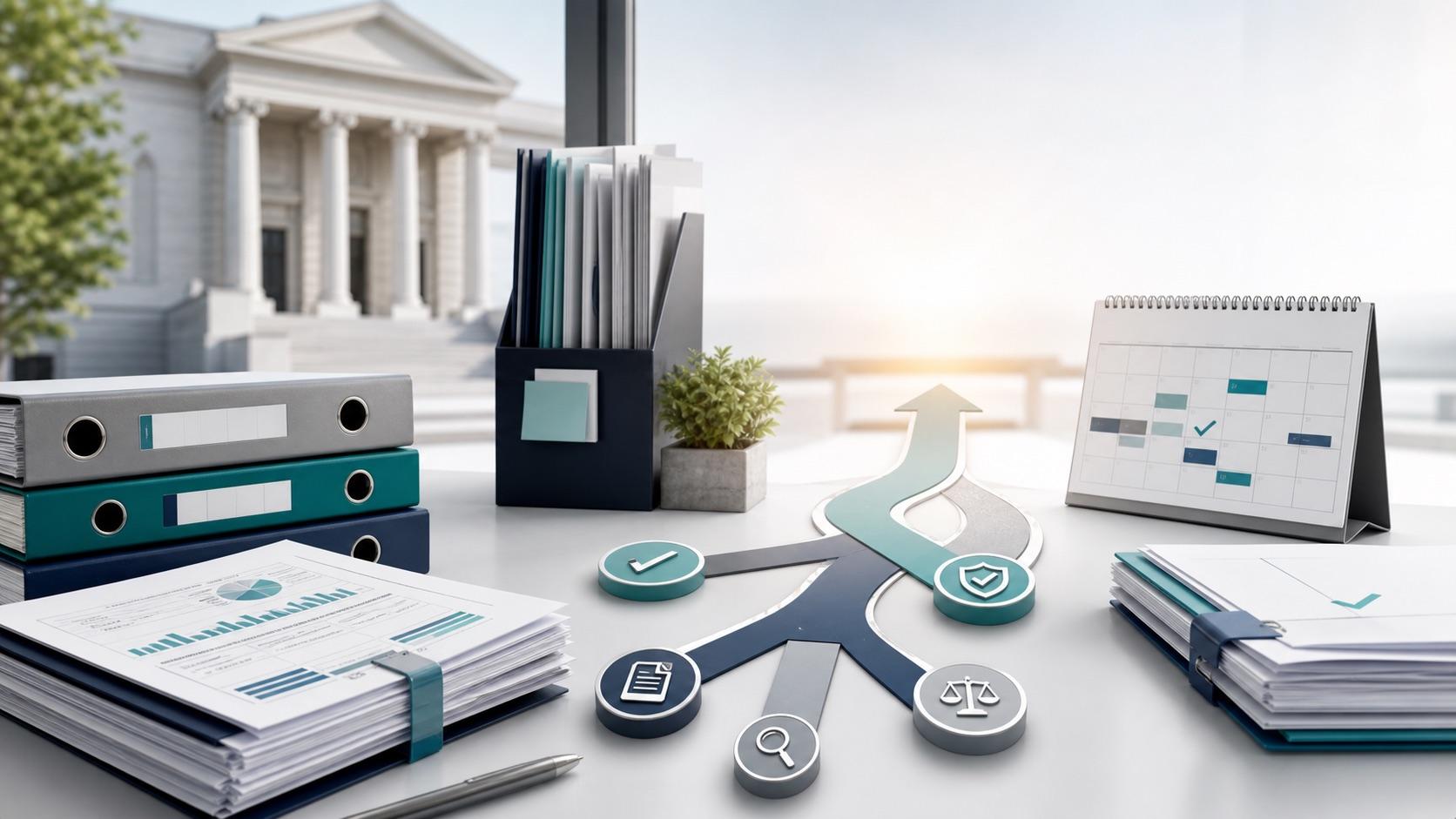 Compliance documents, a bank facade, and branching paths symbolizing changing requirements and audit-ready decisions.